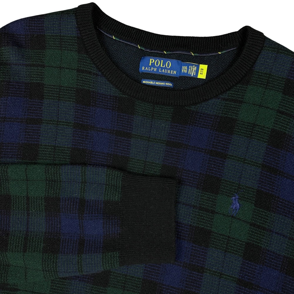 Polo Ralph Lauren Sweater Washable Merino Wool Men's XXL 2XL Green Blue Plaid
